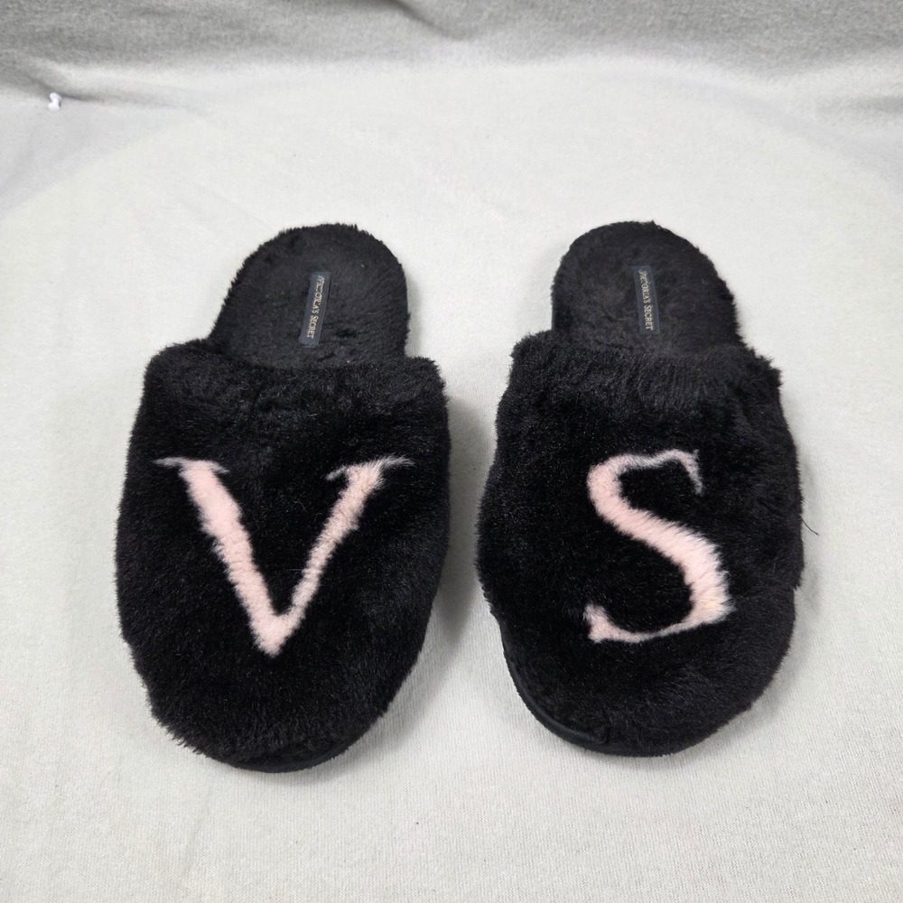 Victoria's Secret Slippers Women Large Black Excellent Faux Fur VS Logo Slides
